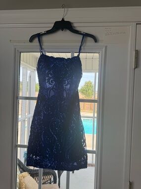 Darling Navy Blue Beaded Spaghetti Strap Mini Dress